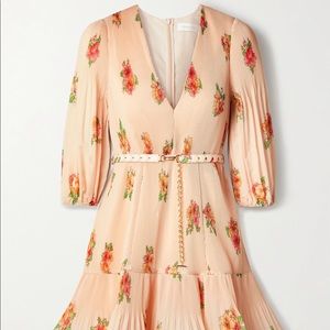 Zimmermann Belted Floral Plissé-Organza Mini Dress